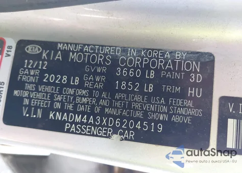 2013 Kia Rio Lx z USA, uszkodzony, nr VIN KNADM4A3XD6204519